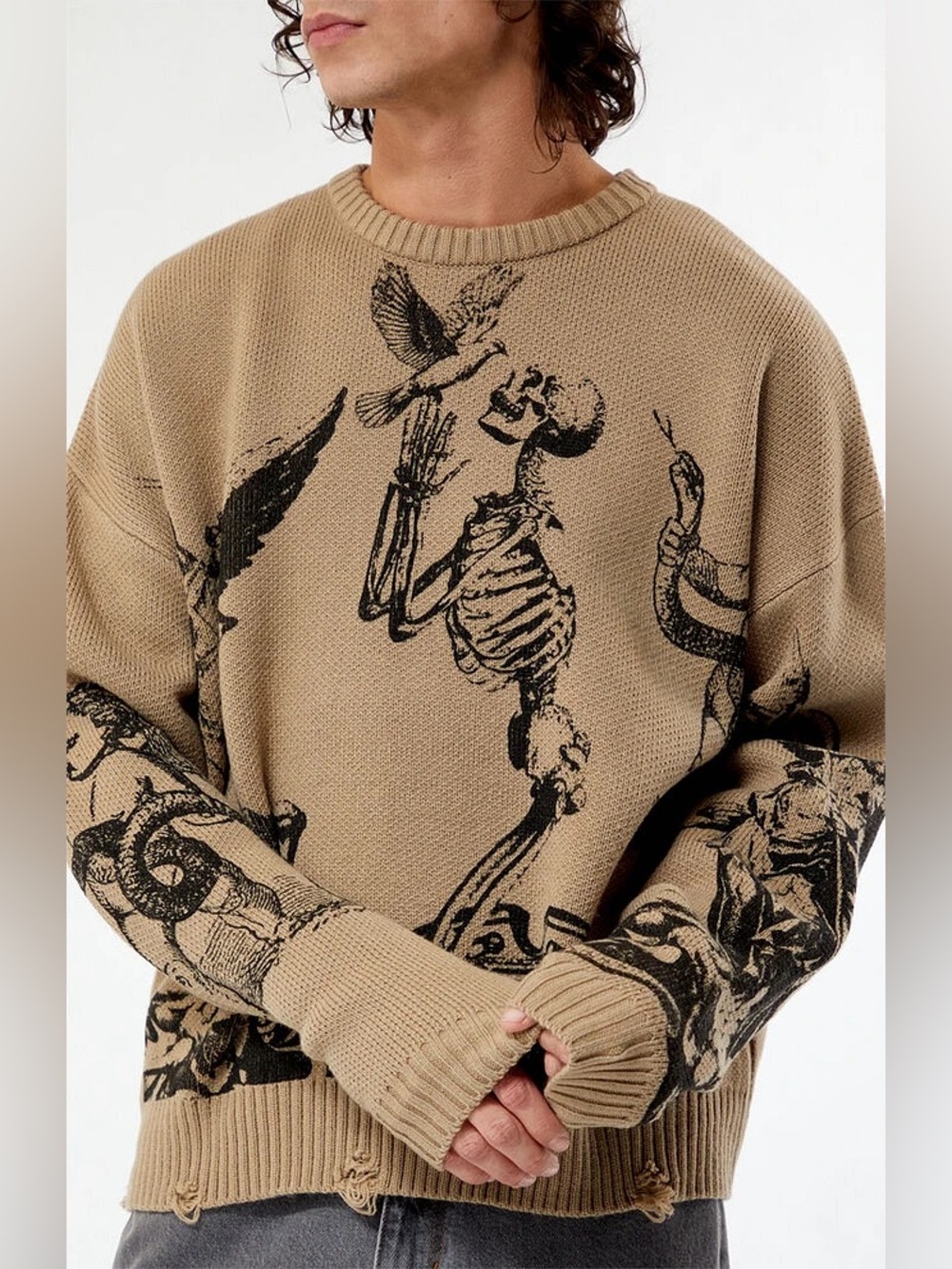 Pacsun Prayers Up Cropped Sweater distressed tan beige black skull skeleton knit
